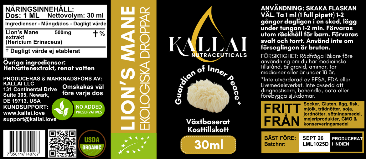 LION'S MANE EKOLOGISKA DROPPAR, 30ml (30 doser)